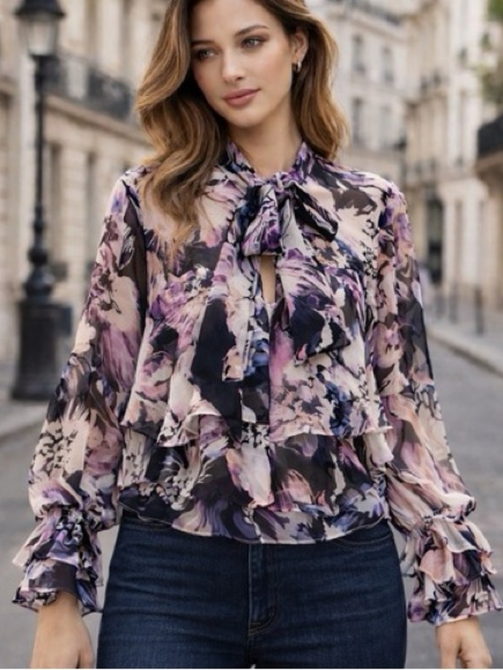Misa Los Angeles floral ruffled top with self tie, whimsical floral blouse, sz S